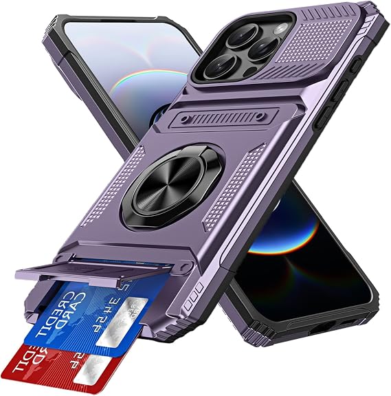 iPhone 14 Pro Max用ケース 内蔵カードホルダー カード2枚収納 360°リングキックスタンド 高耐久 耐衝撃 フルボディ保護 ウォレットカバー iPhone 14 Pro Max 6.7インチ用 パープル LM