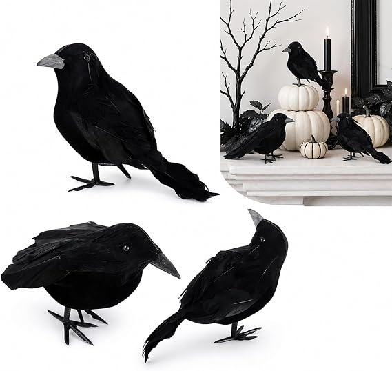 3 Pack Artificial Feathered Halloween Crows,Black Realistic Raven