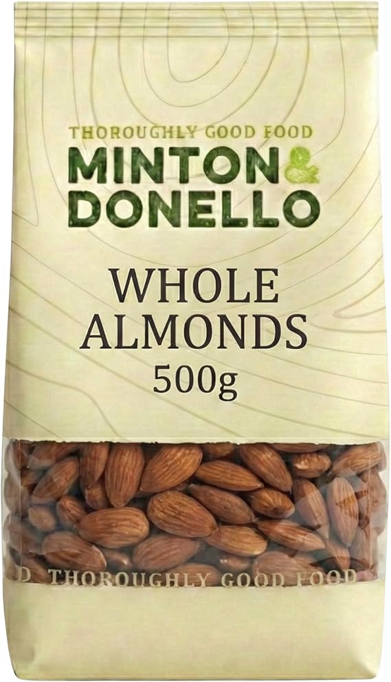 Minton & Donello Whole Almonds 500g Pack - Natural Crunchy Nuts for Snacking, Baking, Cooking, Salads & Smoothies, Source of Fibre, High In Protein, Vitamin E, Magnesium, Pantry Staple