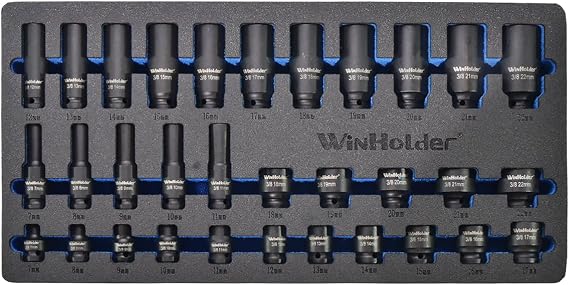 32-Piece Deep and Shallow Impact Socket Set, 3/8-inch Drive, 7-22mm, 6-Point Hex EVA Foam Storage Tray