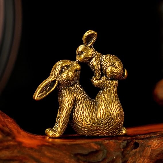 CHOVY 100% Solid Brass Mother & Baby Rabbit Figurine - Vintage Retro Desktop Decor, Handcrafted Collectible Animal Sculpture, Home Office Desk Decoration Gift for Housewarming, Easter, Christmas