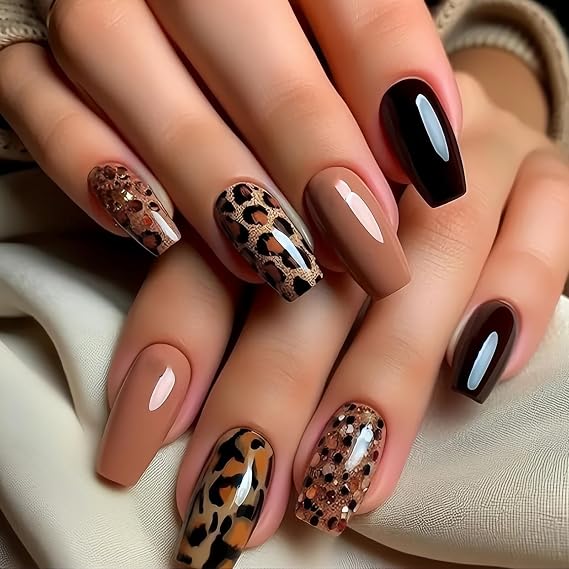 Leopard Print French Tip Glitter Press On Nails - Short Coffin Shape Premium Fake Nails With Tools For Women, Easy Apply Salon Quality Manicure Kit Trendy Mix Match Design