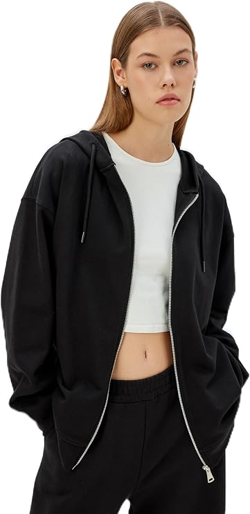 Uzun Kollu Üç İplik Pamuklu Fermuarlı Kapşonlu Sweatshirt