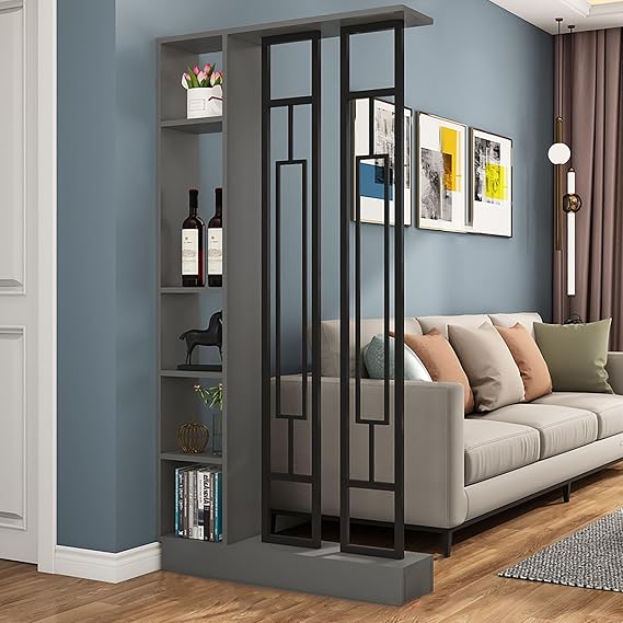 Wood Room Divider With Storage Cabinet & Shelves, Partition Room Dividers Cabinet, Modern Wooden Slat Room Divider With Metal Frame, Privacy Wall Divider For Living Room, Bedroom, Office(Gray+black,80