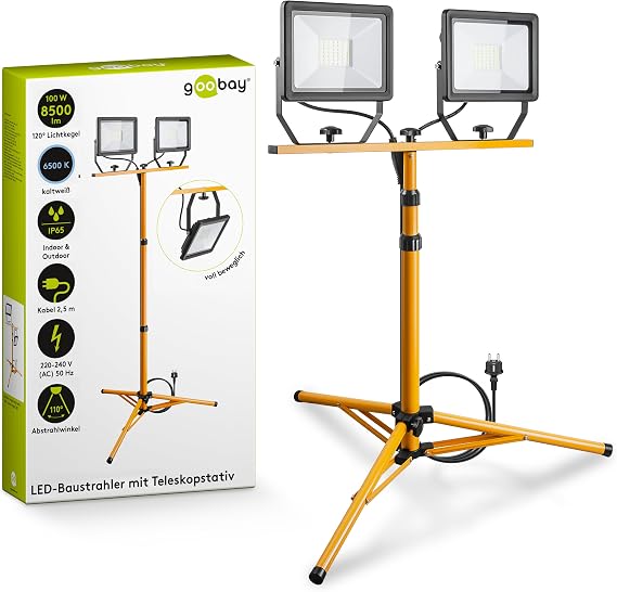 Goobay LED Construction Spotlight Two Floodlights On Telescopic Tripod [Energy Class F]