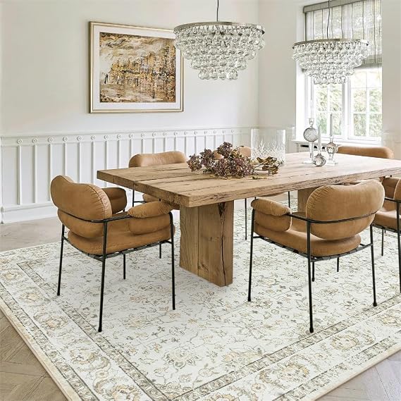 LIVEBOX Machine Washable Area Rugs 9x12 for Living Room, Non-Slip Beige Boho Rug Ultra-Thin Soft Faux Wool Neutral Rug Vintage Rug Cream for Home Office, Non-Shedding Large Area Rug for Dining Room