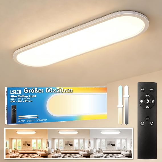 LED Ceiling Light with Remote Control 24 W Dimmable 2700 K-6500 K 3000 Lumen IP44 Waterproof Memory Function Night Light for Living Room Bedroom Kitchen Bathroom Hallway 60 x 20 cm [Energy Class D]