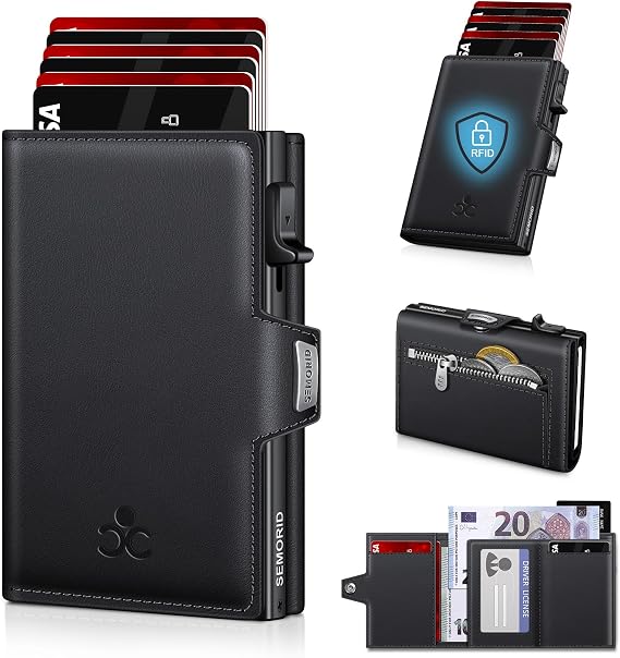 SEMORID Men's Wallet with Coin Compartment & RFID Protection Slim Wallet Pop-up Card Holder Men's Wallet for 9-11 Cards ID Window Note Compartment Smart Wallet for Men black Modern