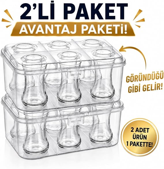 PİEV URVE 6 Gözlü Çay Bardağı Taşıma Kabı Aparatı, Kilitli Kapaklı Bardak Saklama Kutusu, Mutfak, Piknik, Kamp ve Karavan İçin Pratik Taşıma Kabı 2'Lİ