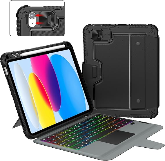 Nillkin iPad A16 11./iPad için 10. Nesil Klavyeli Kılıf 10.9 İnç, Slayt Kamera Kapağı, iPad 10. Nesil için 7 Renkli Arkadan Aydınlatmalı Çıkarılabilir Stand Klavye, Çoklu Dokunmatik İzleme Dörtgeni
