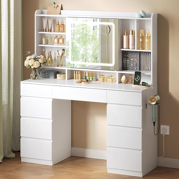 WOLTU Makeup Vanity with LED Light, Sliding Mirror, Power Strip