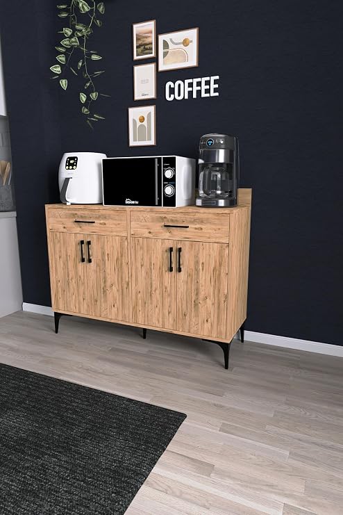 DF14103 Kahve Köşesi Dolabı Çok Amaçlı Mutfak Konsolu Çekmeceli Kapaklı Mutfak Dolabı Coffee Bar Atlantik Çam