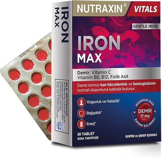 Nutraxin Iron Max 30 Tablet – Demir, C Vitamini, Folik Asit ve B12 Vitamini İçeren Takviye