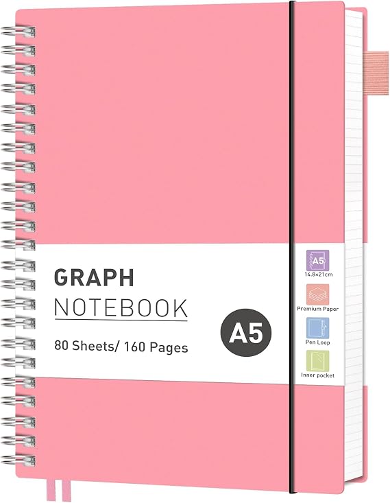 RETTACY A5 Spiral Notebook, Graph Journal, Notepad, 160 Pages, Pink