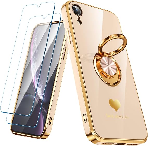 Compatible for iPhone XR Case with 2 Pack Screen Protector, 360° Rotatable Ring Holder [Luxury Hearts Pattern] Plating Gold Edge Slim Soft Phone Cover Case for iPhone XR - Pink