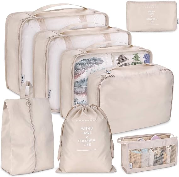 Packing Cubes for Suitcase 8 Pcs Waterproof Travel Cubes Foldable Luggage Storage Bag Lightweight Luggage Packing Organizers Travel Essentials (Beige)