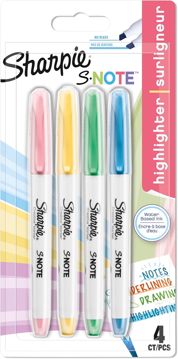 Sharpie S-Note Fosforlu İşaretleme Kalemi, 4'lü Blister, Karışık