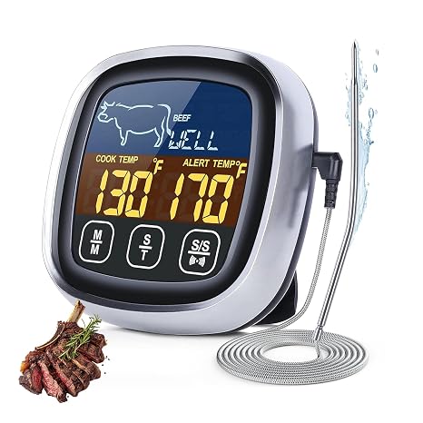 Digital Meat Thermometer - 0℃-250℃ Range Stainless Steel Probe ABS, Waterproof Grill Oven Cooking Thermometer With 99 Min Timer & Alarm | For BBQ Home Steak Chicken Roasting, Baking, Air Fryers