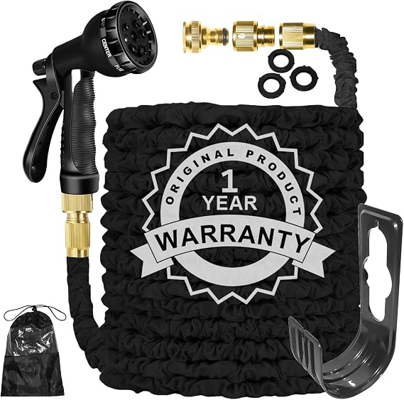 Expandable Garden Hose Pipe 100FT 3 Times Flexible Expanding Magic Lightweight Watering Hose Anti-Leakage with 3/4" 1/2" Solid Brass Fittings 8 Function Spray Nozzle (Black)