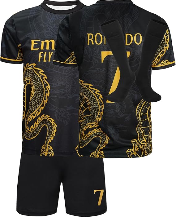 #7 Special Design Football Soccer Jersey/Shorts Socks Gift Set for Children Youth Sizes (Black, 30)