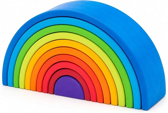 Rainbow Wooden Stacking Toys - Stacker Building Toy Safe Matte Surface Blocks Semicircle Nesting Puzzle for Children Early Education, Pine Color, 10 Pcs