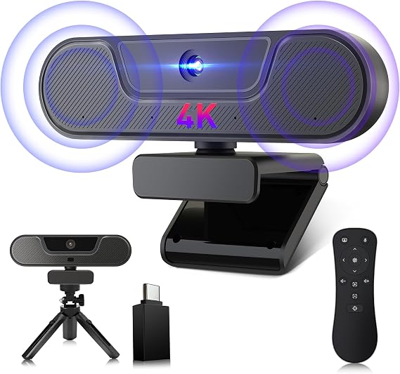 V20 4k Webcam, FHD Webcam with Microphones and Speakers, Remote Control, Autofocus, Zoom, 112°View, Plug&Play, Privacy Cover, Noise Reduction, Suitable for Conference and Streaming