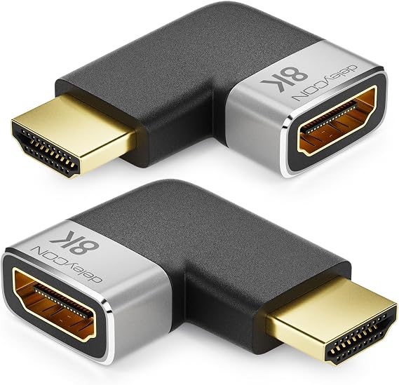 deleyCON 2 Pieces Docking Connectors HDMI Adapter 8K@60Hz / 4K@120Hz UHD Aluminium HDMI 2.1 ARC HDR10+ Dolby Vision VRR ALLM 48Gbps Right/Left Angle Grey Black