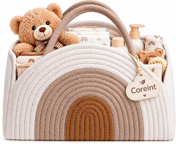 Nappy Caddy -Premium Large Baby Diaper Bag Organizer, Cotton Rope Storage Basket for Newborn Boys and Girls, Baby Gift, Newborn Essentials, Rainbow Style