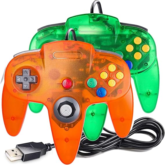 miadore USB 有線 N64 コントローラー クラシック N64 PC ゲームパッド ジョイスティック コントローラー Windows PC Mac Linux Raspberry Pi 3用 グリーン/オレンジ 2個パック