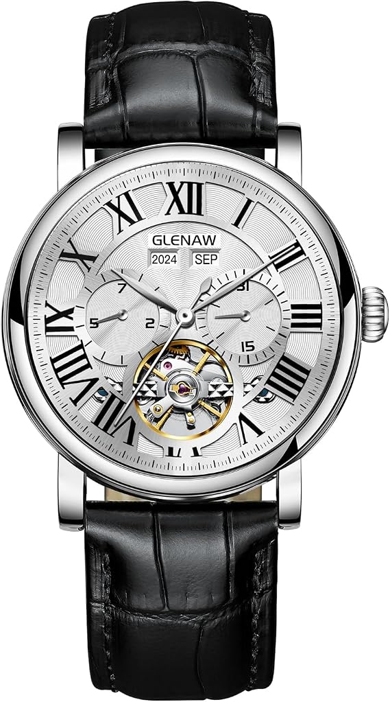 GLENAW Men's Automatic Tourbillon Vintage Watch - Brown Leather Strap, Skeleton Roman Dial, Day-Date Calendar, 30 ATM Waterproof, Luminous Hands - Classic & Fashion Watch for Men