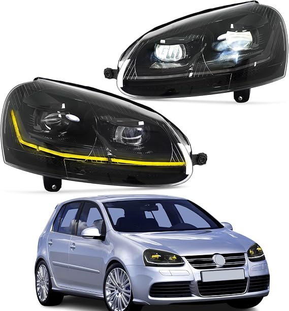LED Headlights Compatible with Volkswagen Golf 5 MK5 2003–2009 & Jetta 1k2 2005-2010, Headlamps with Sequential Turn Signal, Animation