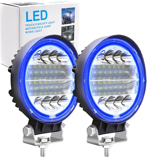 Biqing 4Pcs Round LED Work Light,4.5" Halo Ring Headlight Blue LED Light Pods Spot Flood Combo Lights Off Road Driving Fog Lights 12V 24V 9600 LM LEDs Auxiliary Lights for Motorcycle SUV Boat Truck