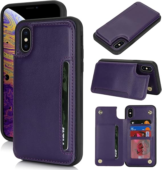 iCoverCase iPhone Xs Max対応 カードホルダー付き 財布 電話ケース レディース メンズ RFIDブロック PUレザー 保護ケース 6.5インチダークパープル