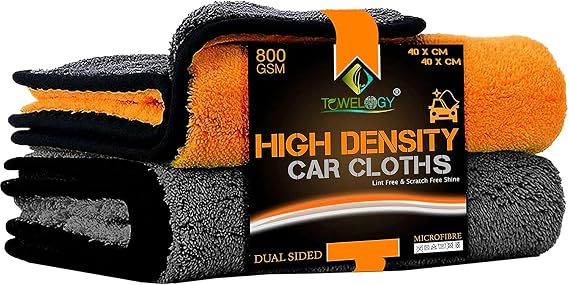 Towelogy Microfibre Car Cleaning Cloths 800gsm High Density CHEMICAL FREE Washing Drying Buffing Double Side Super Absorbent Auto Detailing Large Towels 40x40cm (Orange/Grey, Pack Of 2)