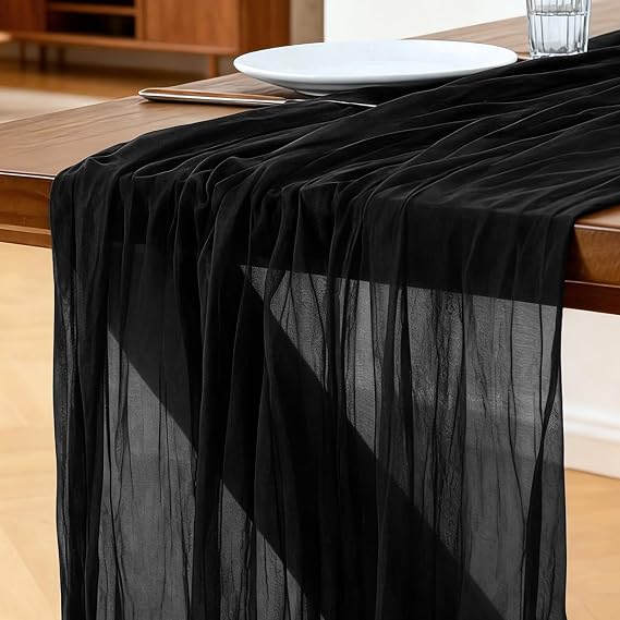 Cheesecloth Table Runner Black, 300 x 90 CM Table Runner Bohemian-style Gauze Rustic Gauze Fabric Tablecloth for Wedding, Parties, Christmas and New Year's Eve Table Decoration