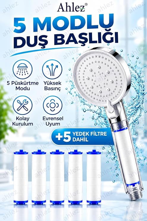 Filtreli Duş Başlığı, 5 Yedek Filtreli, Yüksek Basınçlı, Klor ve Kireç Önleyici, Su Arıtmalı (Beyaz)