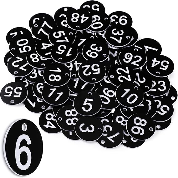 Tenare 100 Pcs Table Number Tags 1-100 Engraved Plastic, Black, White