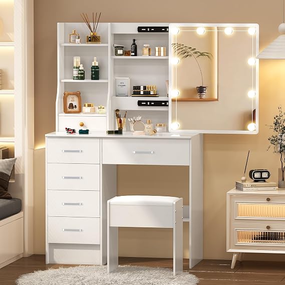 Vanity Desk, Vanity Set with Mirror and Lights, 3 Color Light Modes Adjustable Brightness, Makeup Vanity Desk with 5 Drawers and 6 Cabinets for Girls and Women, White