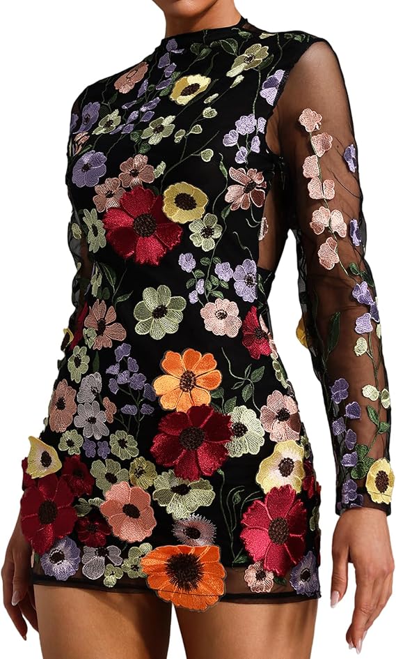 BELLA BARNETT Black Long Sleeve Flowers Embroidery Mesh Dress Floral Backless Cut Out Cocktail Dress