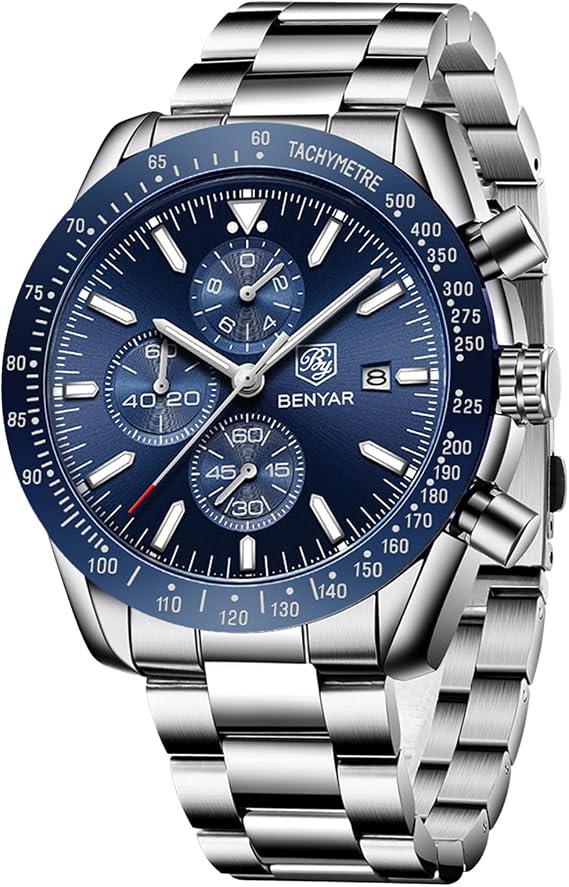 BENYAR Men's Watches Chronograph Analogue Quartz Watch for Men Leather Strap Men's Fashion Business Sport Design 30M Waterproof Elegant Gift for Men