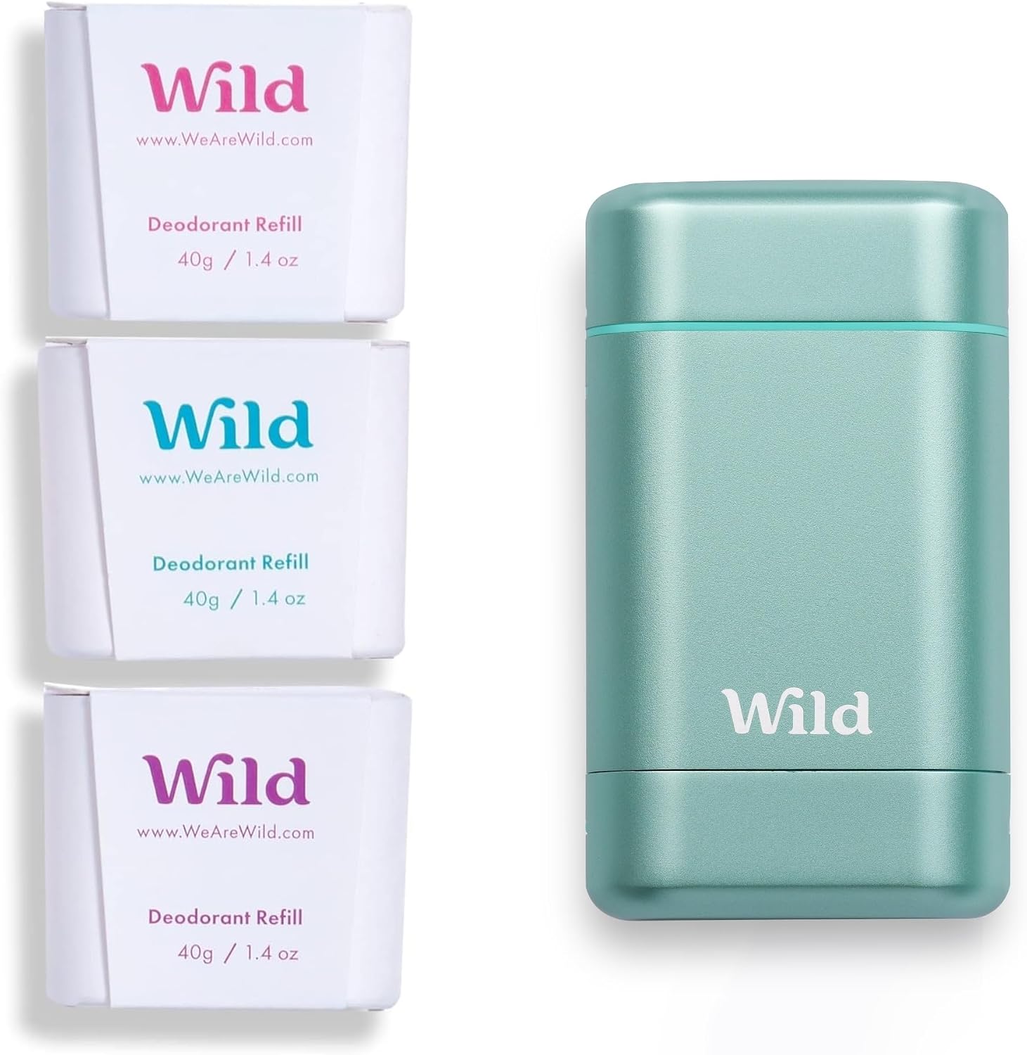 Wild - Natural Refillable Deodorant - Aluminium Free - Aqua Case with Refill Variety Pack 3 x 40g - Includes Fresh Cotton & Sea Salt, Jasmine