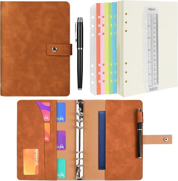 A6 Ring Binder Notebook PU Leather Diary, Refillable Notebook-Brown