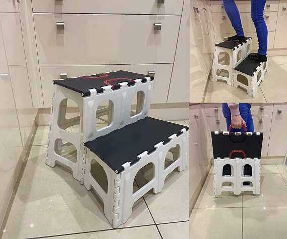 Foldable 2 Step Ladder Stool with Anti-Slip Rubber Feet | Heavy Duty Folding Step Stools, Compact Portable Plastic Ladder for Kitchen, Garage, Office, or Home Uses (Black/White)