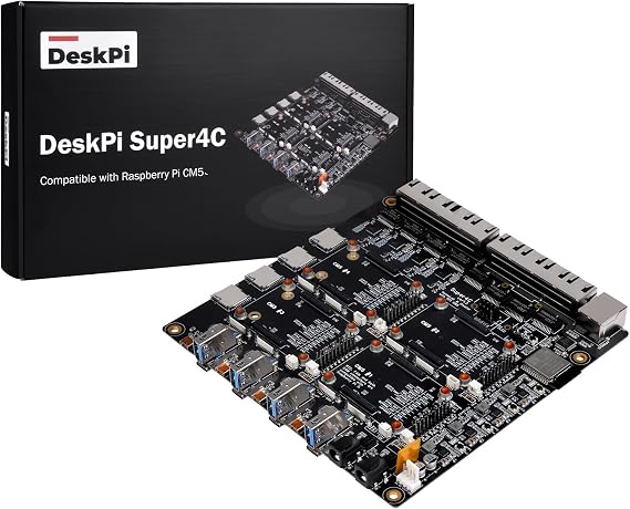 DeskPi Super4C for Raspberry Pi Compute Module 5, Cluster Mini-ITX Board Supports 4 CM5, 2.5GbE + 1GbE Network, M.2 NVMe, 1U Rack Mounting, Includes 89W Power Supply