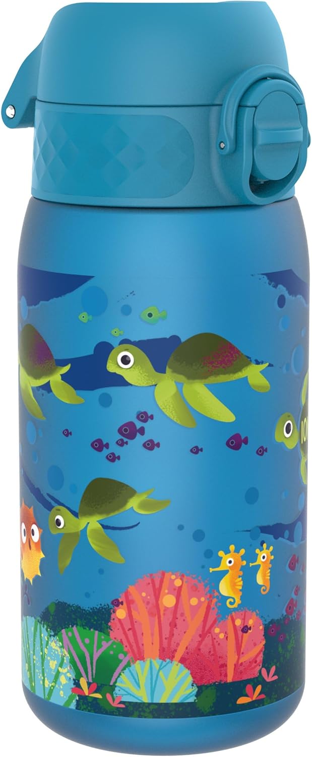 Ion8 Small Water Bottle, Leak Proof, Easy to Open, Secure Lock, Dishwasher Safe, Flip Cover, Carry Handle, Easy Clean, Durable, Water Bottle, Raised Print, Blue, Sea Turtle