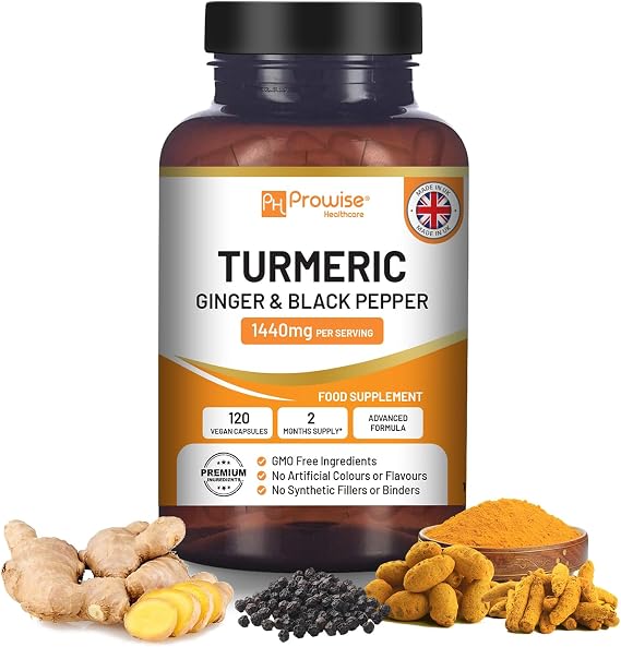 Turmeric Curcumin with Black Pepper & Ginger 1440mg I 120 Vegan Turmeric Capsules High Strength 2 Month Supply I Made in UK by Prowise Healthcare Pack of 1