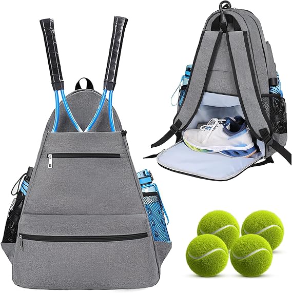 Tennis Backpack, Large Capacity Racket Bags Unisex with Shoe Compartment and Multi-Pocket Holds Tennis Rackets Pickleball Rackets Badminton Rackets Squash Rackets Balls and Shoes