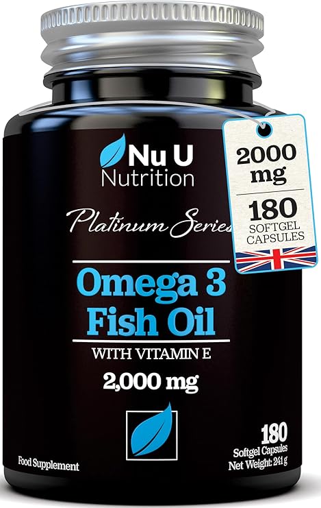 Omega 3 Fish Oil 2000mg per Serving - 180 Softgel Capsules - Premium Double Strength 660mg EPA & 440mg per Serving - 3 Month Supply - Sustainably Sourced - with Vitamin E - Nu U Nutrition
