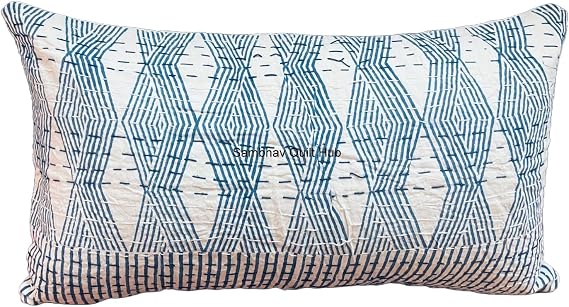 Vintage Handblock Floral Print Patchwork Handmade Decorative Sofa Throw Pillow Cushion Kantha Cotton Lumbar Throw Boho Pillow Covers (12X12 inches, White&Blue)