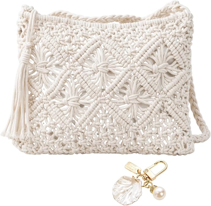 Straw Bag Set with Shell Keychain, Woven Beach Bag for Women, Summer Holiday Handbag, Crochet Straw Tote